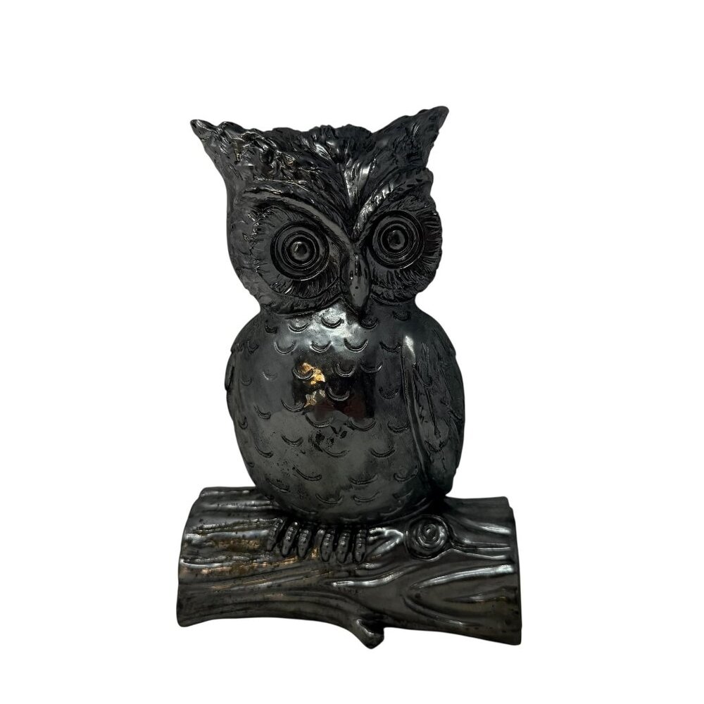 Vintage 1980s Pewter Tone Owl Figurine Hollow Metal Sculpture 8.25”